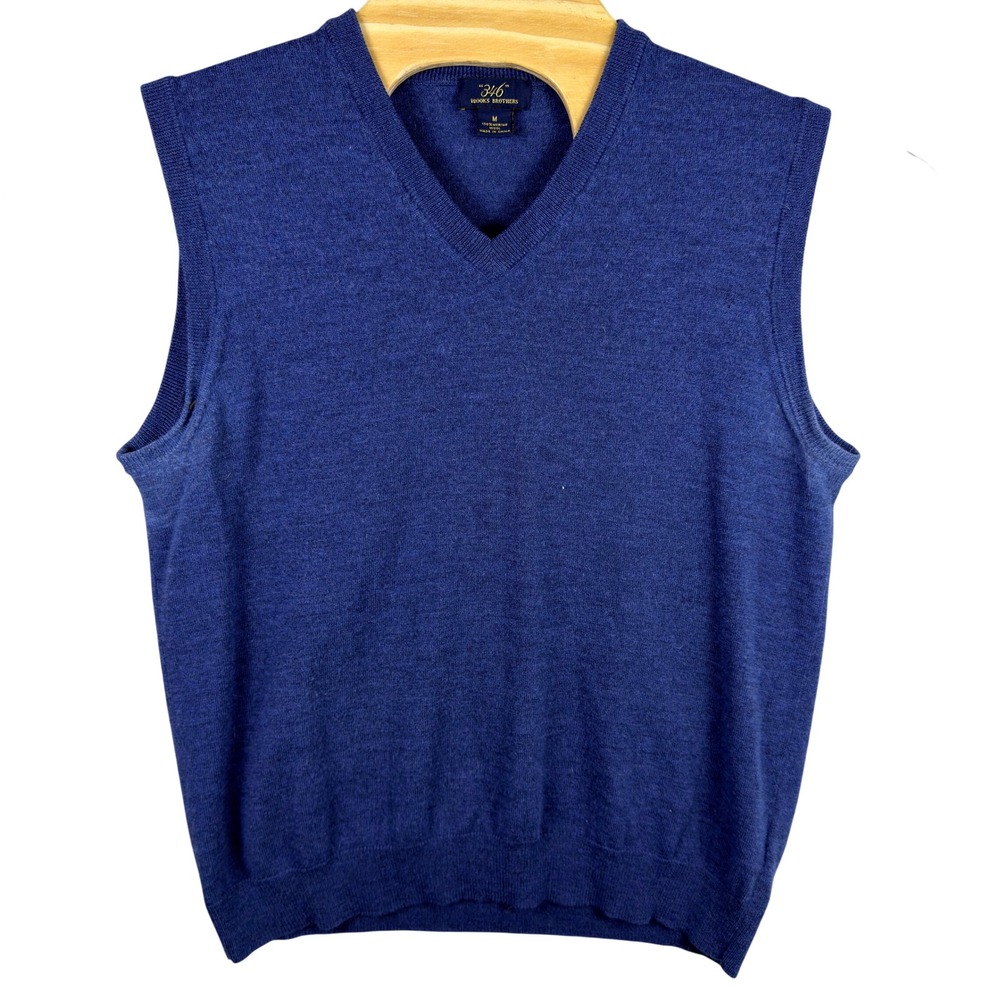 Brooks Brothers 346 Sweater Vest Mens Medium Blue Merino Wool V-Neck Preppy